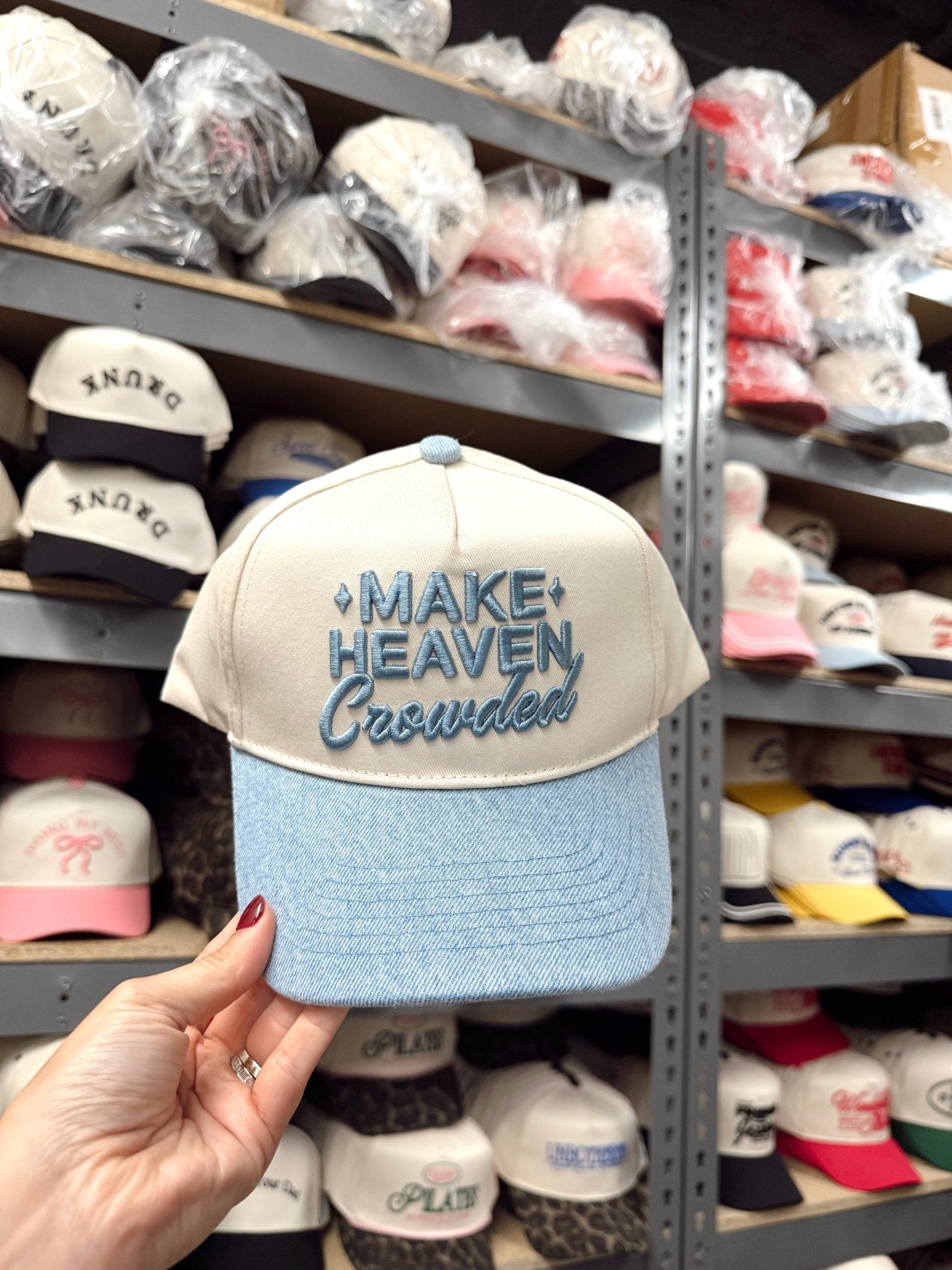 KenzKustomz Make Heaven Crowded - Denim Vintage Trucker Hat - PREORDER