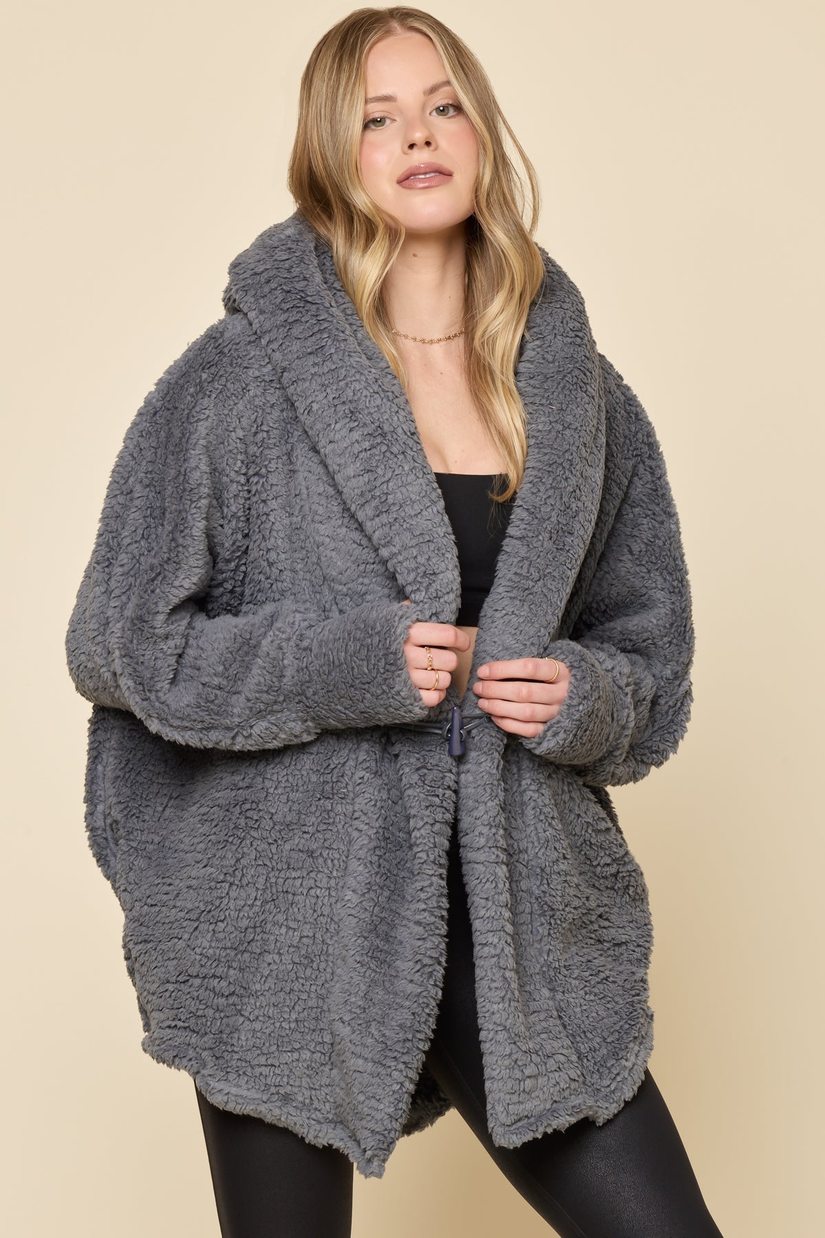 POPFLEX® Faux Sherpa Cocoon Coat - Cool Grey
