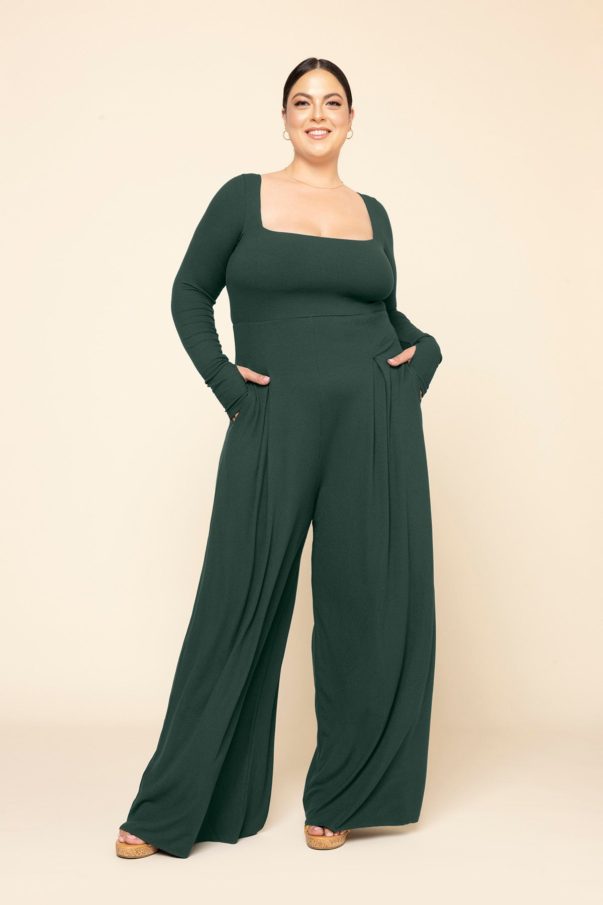 POPFLEX® Go With The Flow Long Sleeve Jumpsuit - Pine