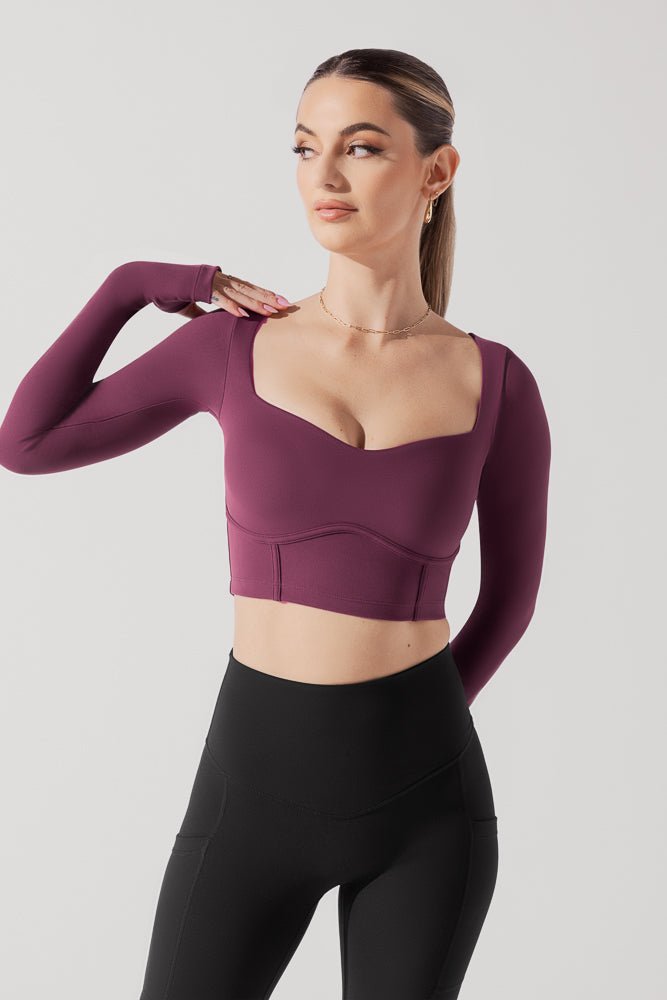 POPFLEX® Sweetheart Long Sleeve Crop Top - Plum