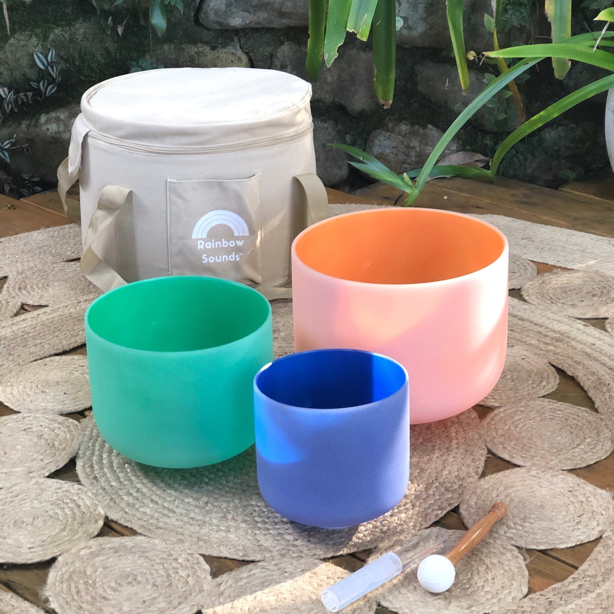 Rainbow Sounds USA Set of 3 Rainbow Color Sound Therapy Bowls in Beige Carry - On Case