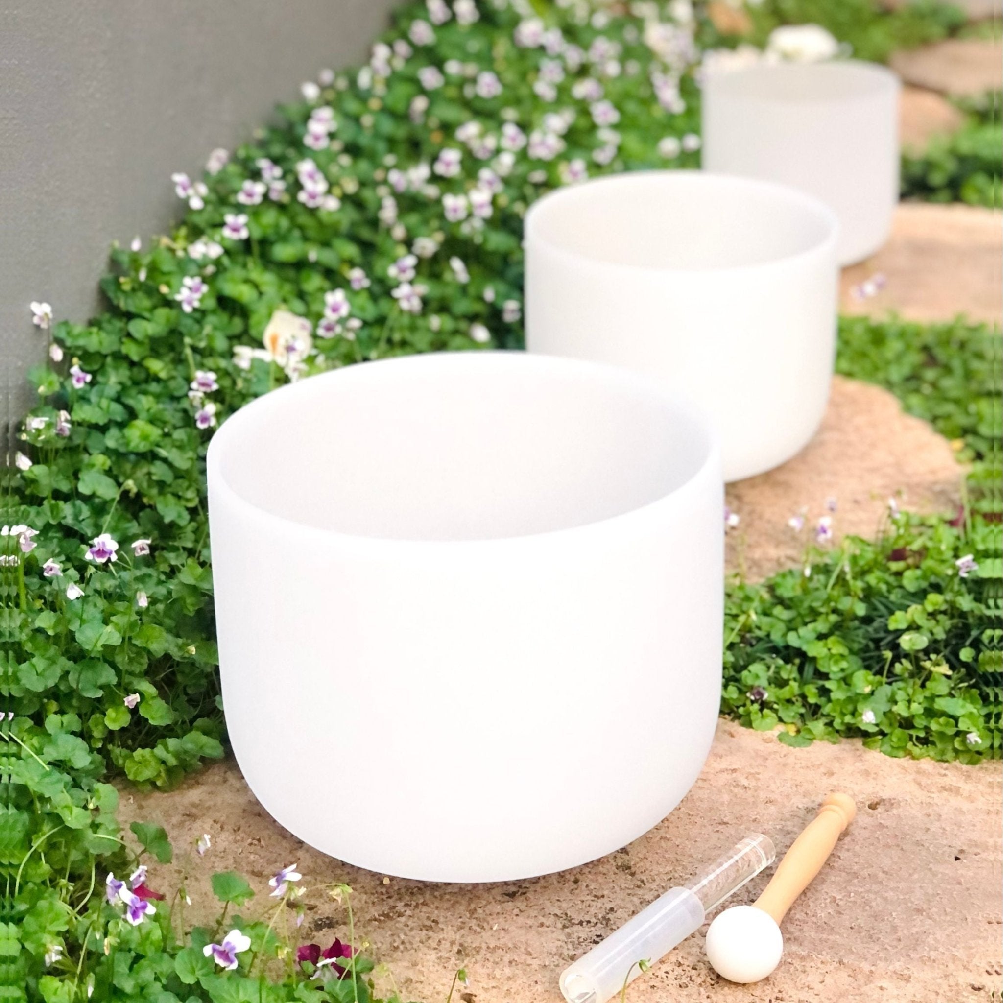 Rainbow Sounds USA Set of 3 White Sound Therapy Bowls in Beige Case