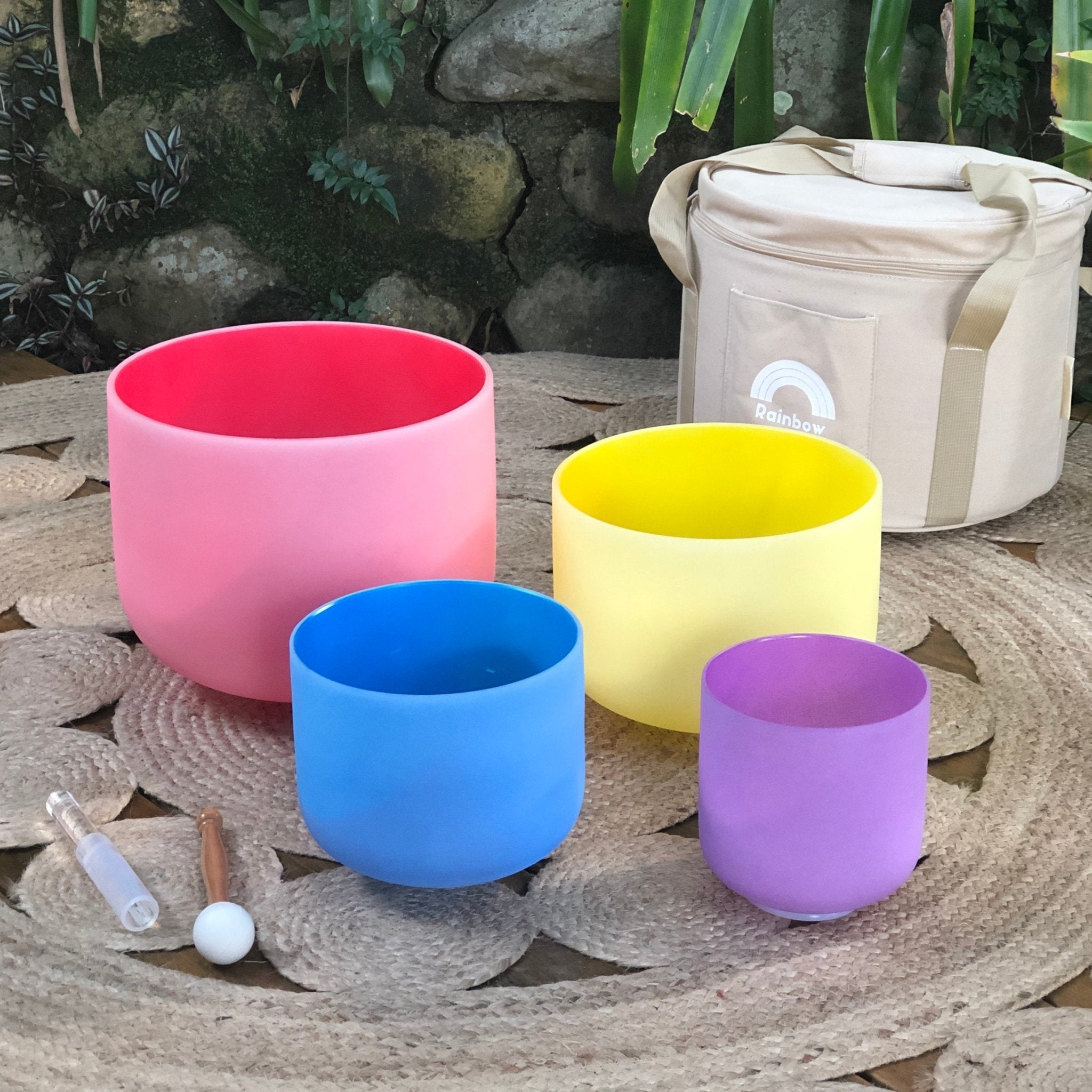 Rainbow Sounds USA Set of 4 Rainbow Color Sound Therapy Bowls in Beige Carry - On Case