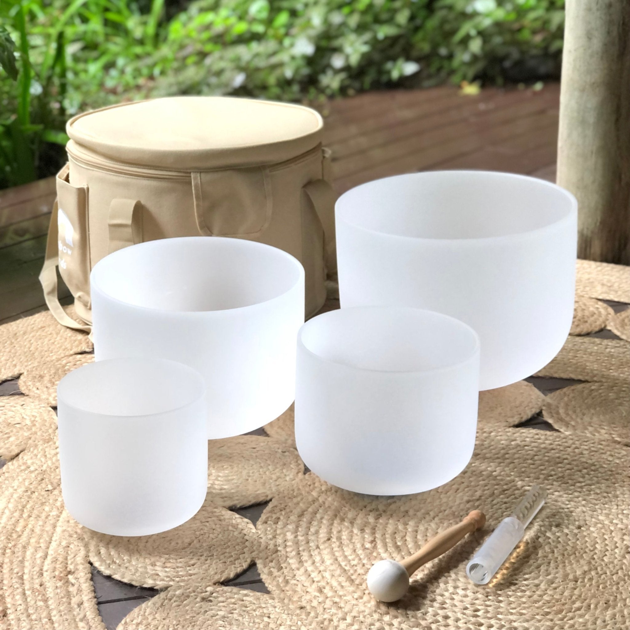Rainbow Sounds USA Set of 4 White Sound Therapy Bowls in Beige Carry Case