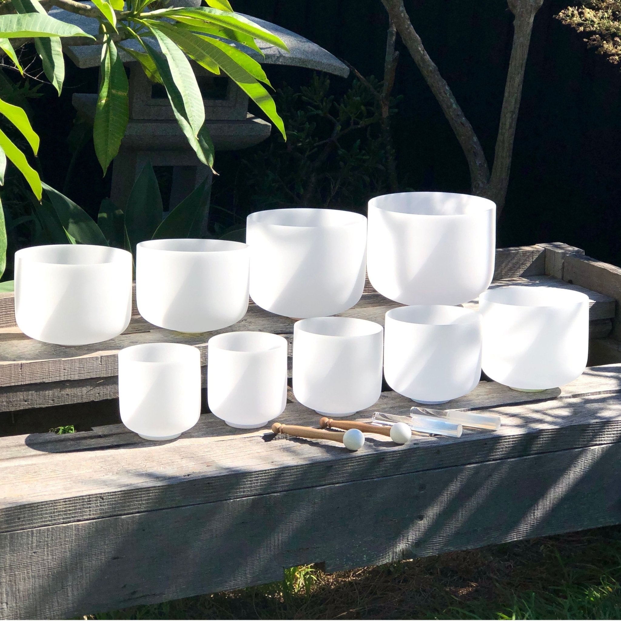 Rainbow Sounds USA Set of 9 White Sound Therapy Bowls in Beige Carry - On Cases