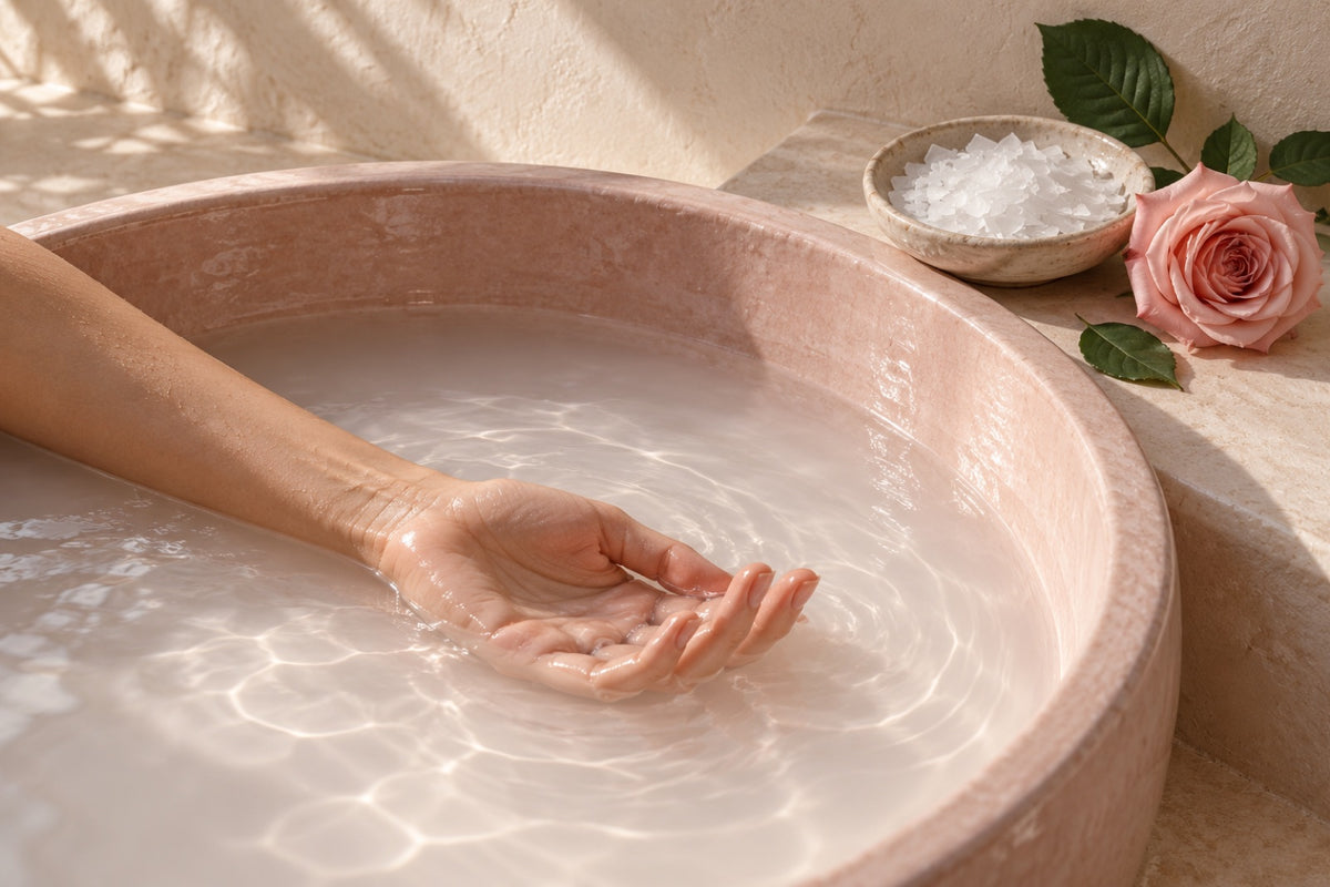 A hand resting in a bath beside a dish of Rapha Blends magnesium flakes and a rose
