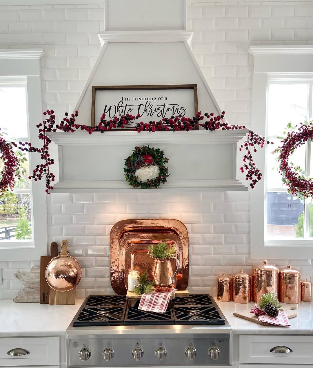 Sertodo Thessaly square copper platter in a kitchen decorated for the holidays