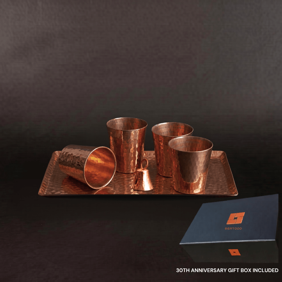 Sertodo Sharpshooter Shot Setting with four copper shot cups, Chequer tray, and mantra bell in gift box