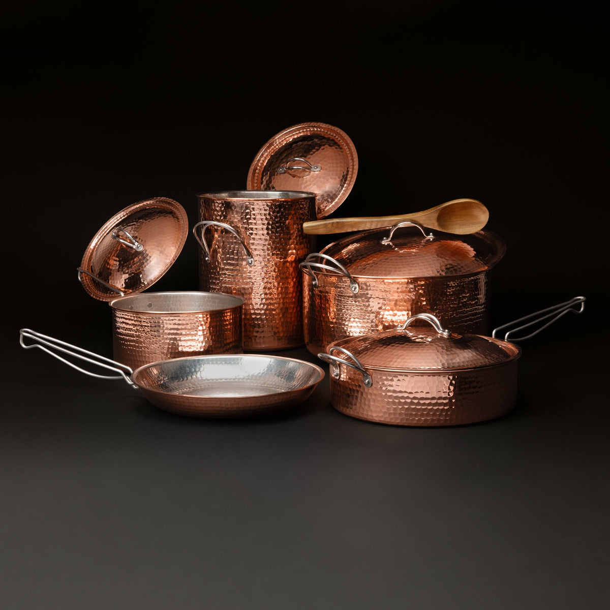 Sertodo Stocked Copper Kitchen Caboodle cookware with lids open
