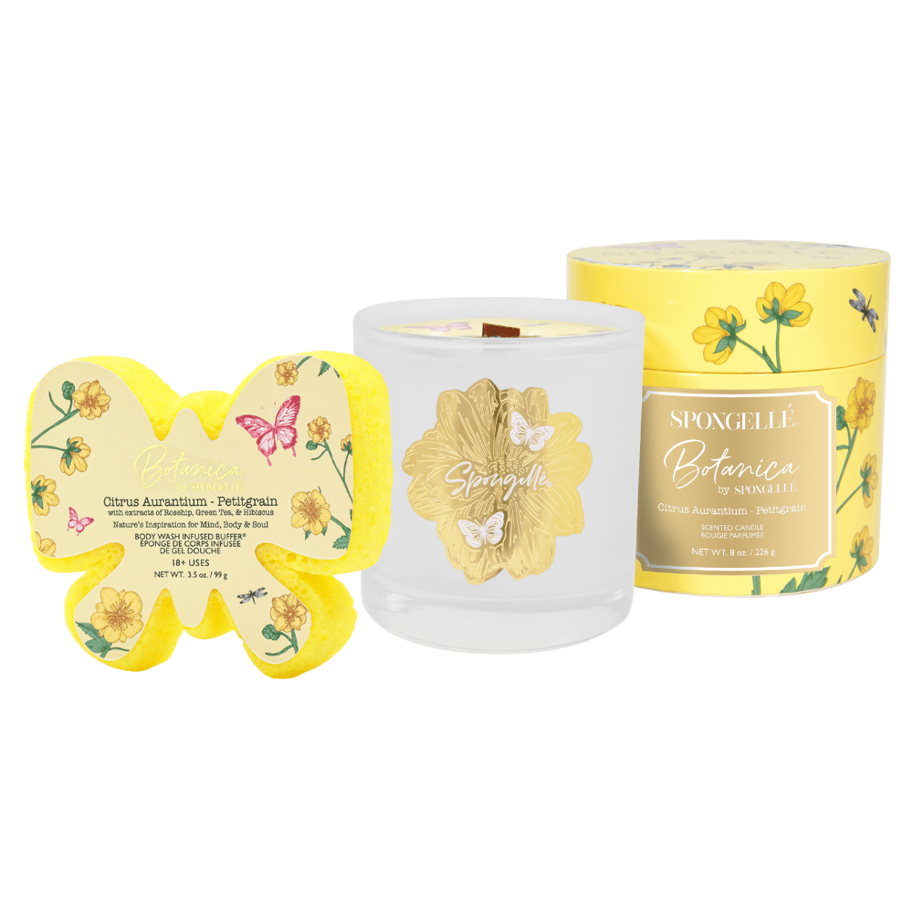 Spongellé Petitgrain Body Buffer & Candle Set