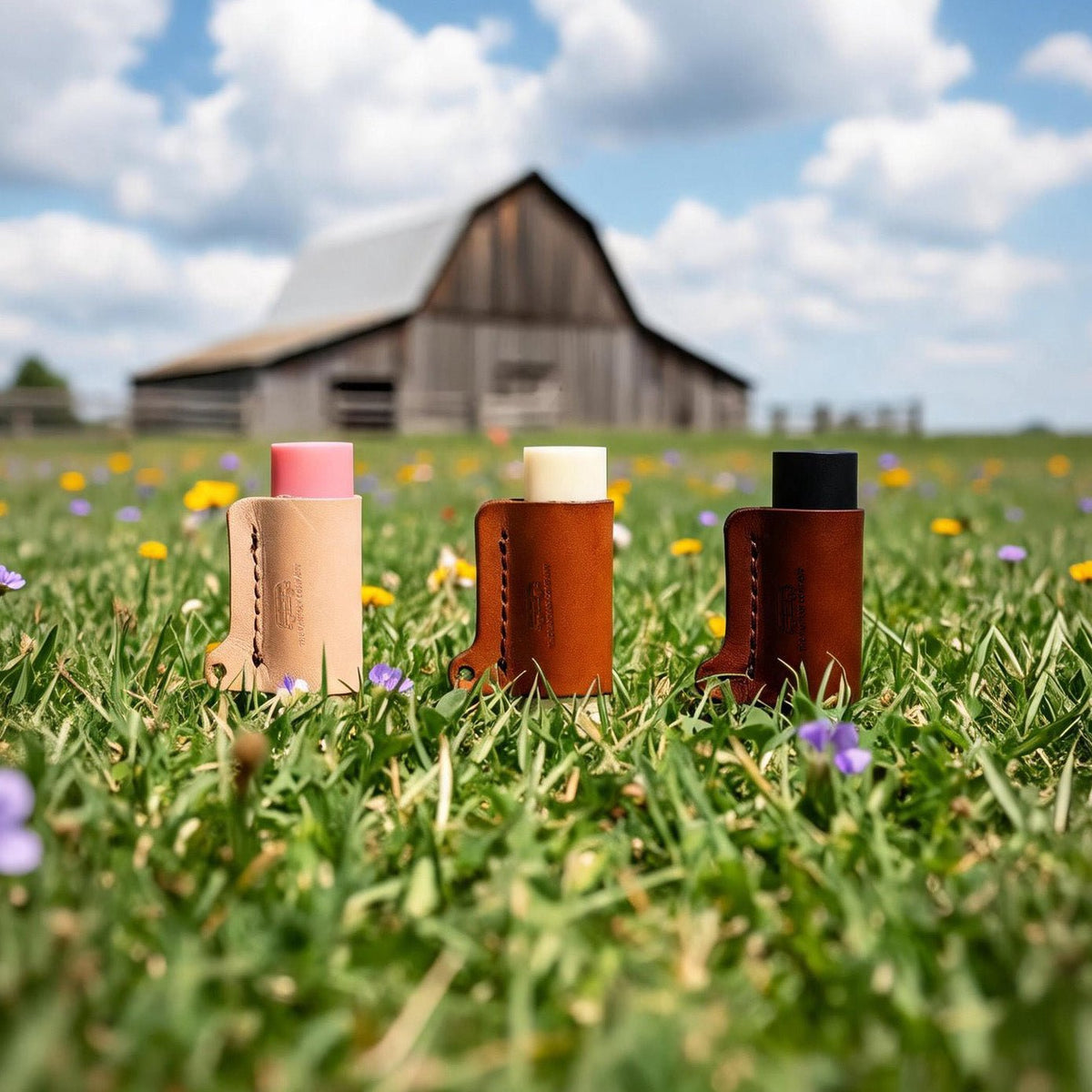 VanMan's Leather Lip Balm Holders in three colors standing in a grassy field