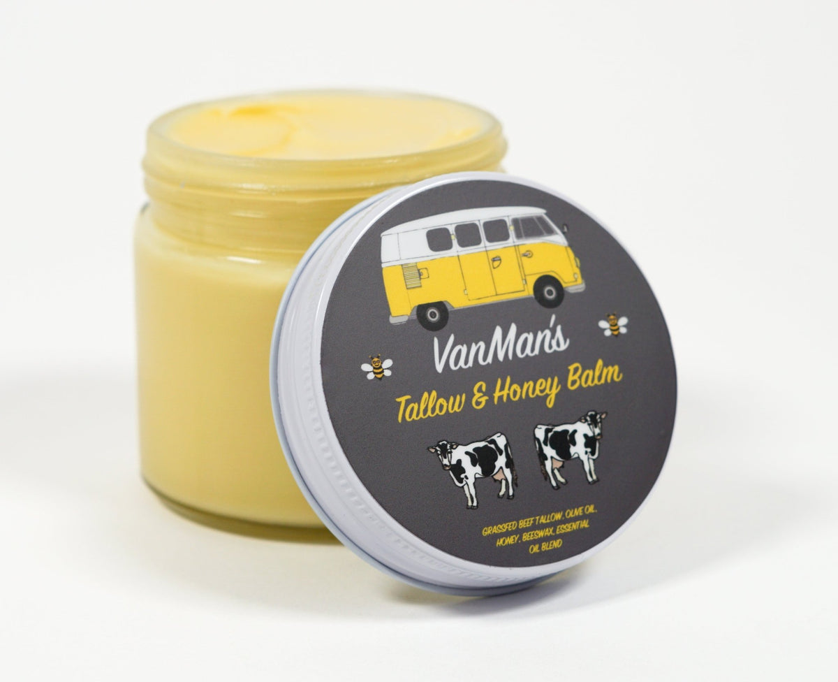VanMan's Jumbo Tallow & Honey Balm, open jar showing the balm