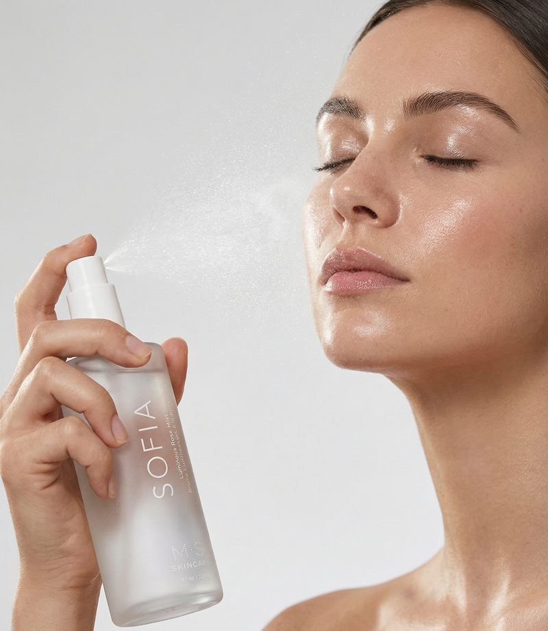Woman applying Sofia Rose Mist on her face against a neutral background on msskincare.co
