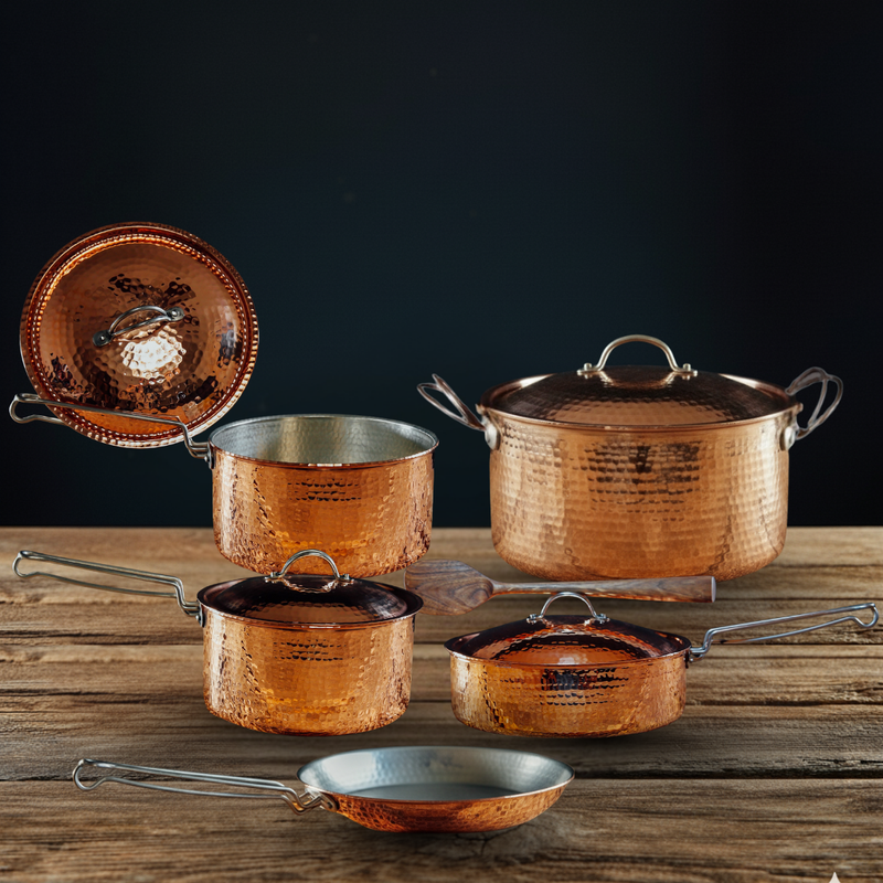 The Grand Copper Kitchen Caboodle by Sertodo, five-piece hand-hammered pure copper cookware set