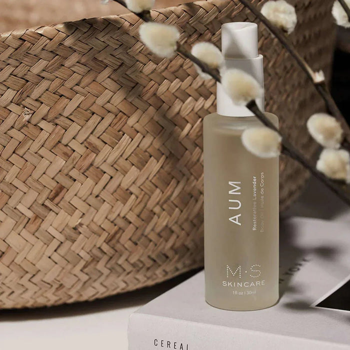 Aum Body Oil in a frosted glass bottle on msskincare.co