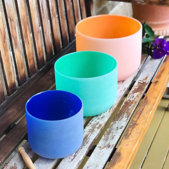 Rainbow Sounds Set of 3 Rainbow Color Sound Therapy Bowls, quartz crystal singing bowls for home sound bath practice