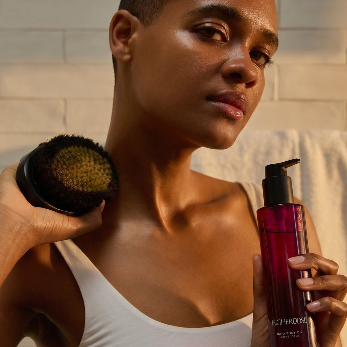 HigherDOSE Daily Body Oil dropper releasing oil onto skin