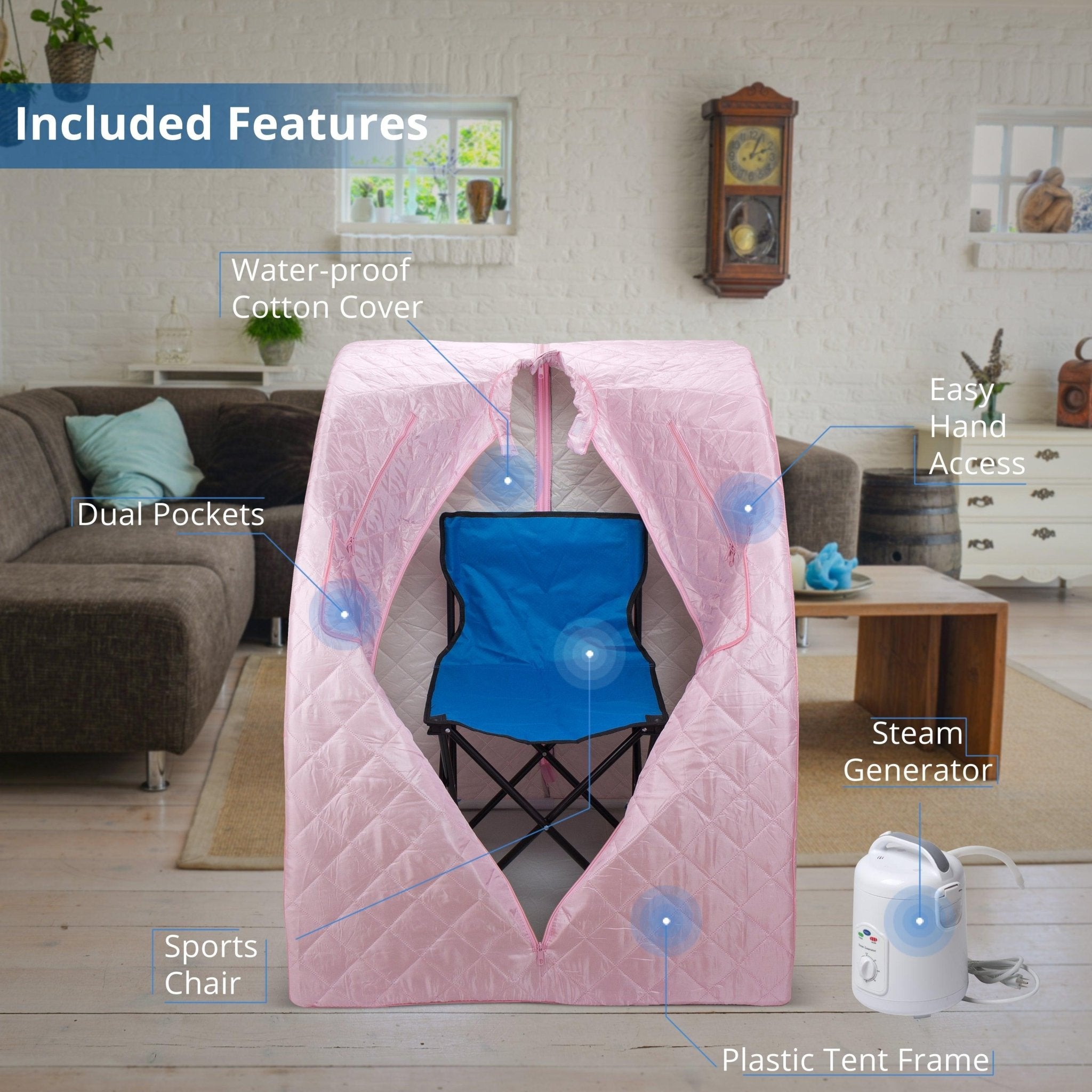 Durasage Health Oversized Portable Steam Sauna for Weight Loss, Detox & Relaxation at Home, Chair Included - Pink