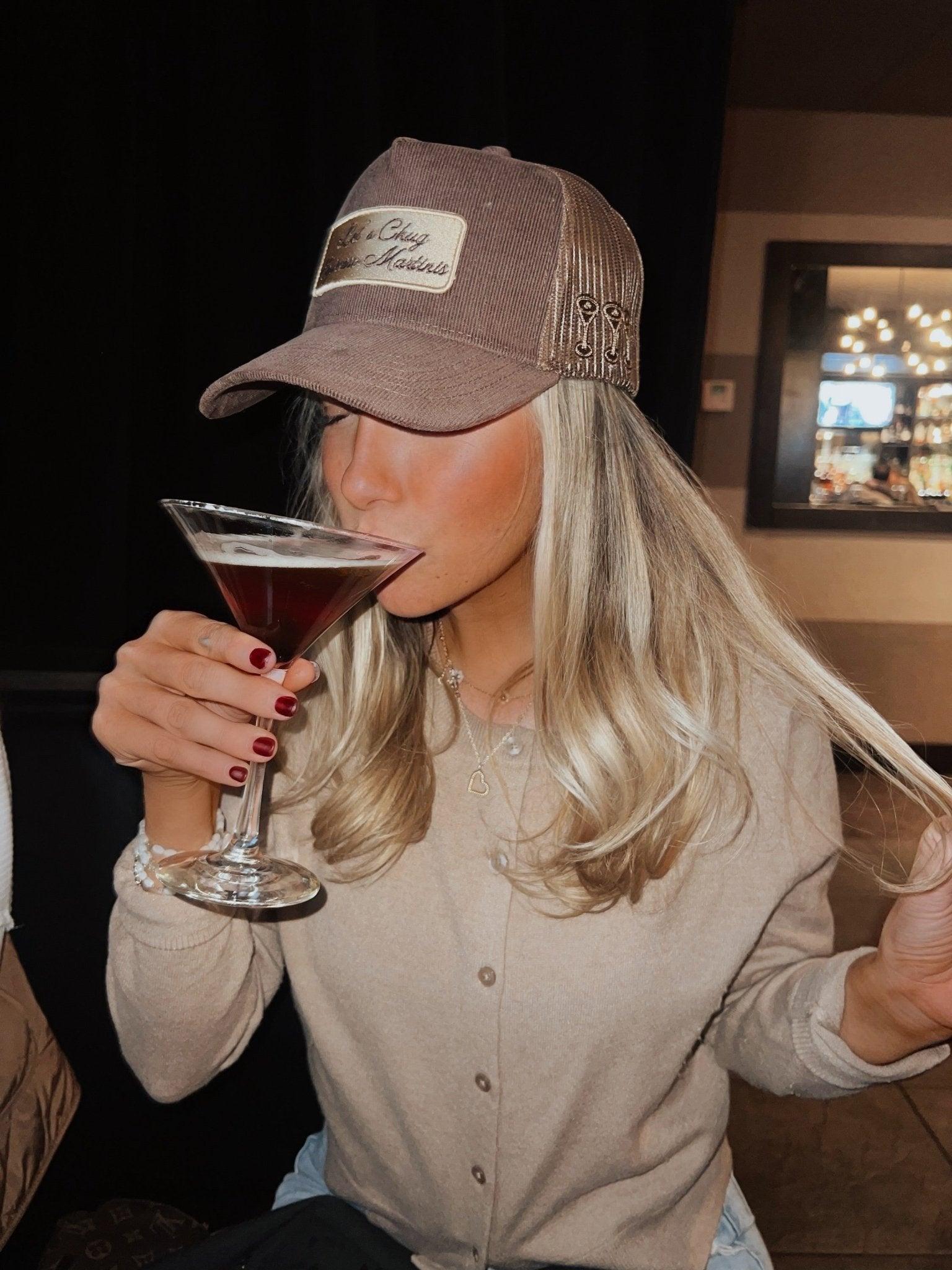 KenzKustomz Let's Chug Espresso Martinis - Brown Corduroy Trucker Hat