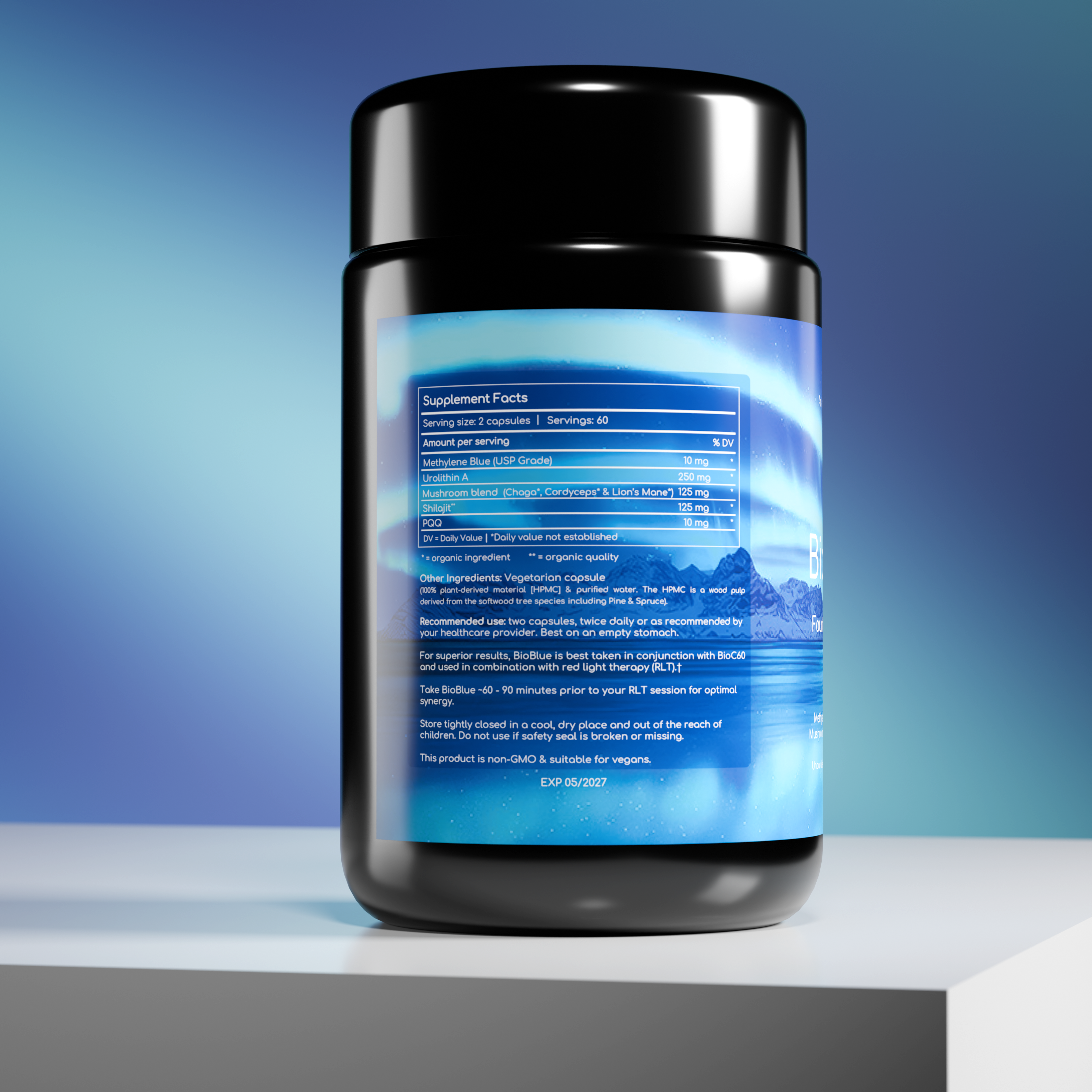 BioBlue Fountain of Youth Supplement | Mitochondrial Support with Methylene Blue & Mushrooms | Red Light Therapy Enhancer