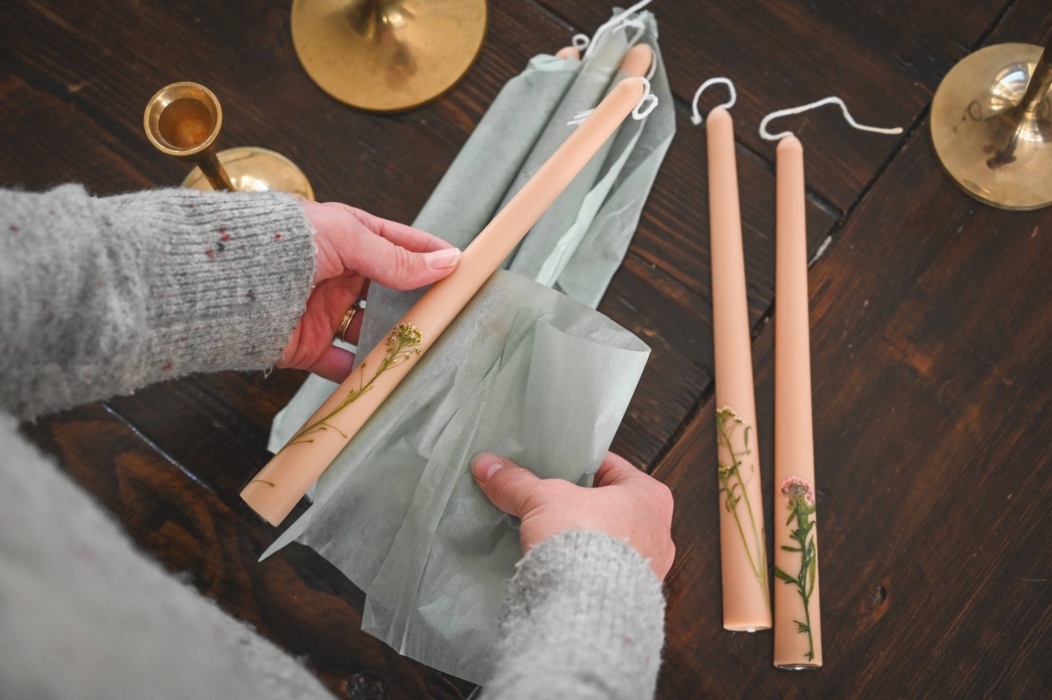 Galley & Fen Floral Inlaid Tapered Candle in Cream - Set of 3