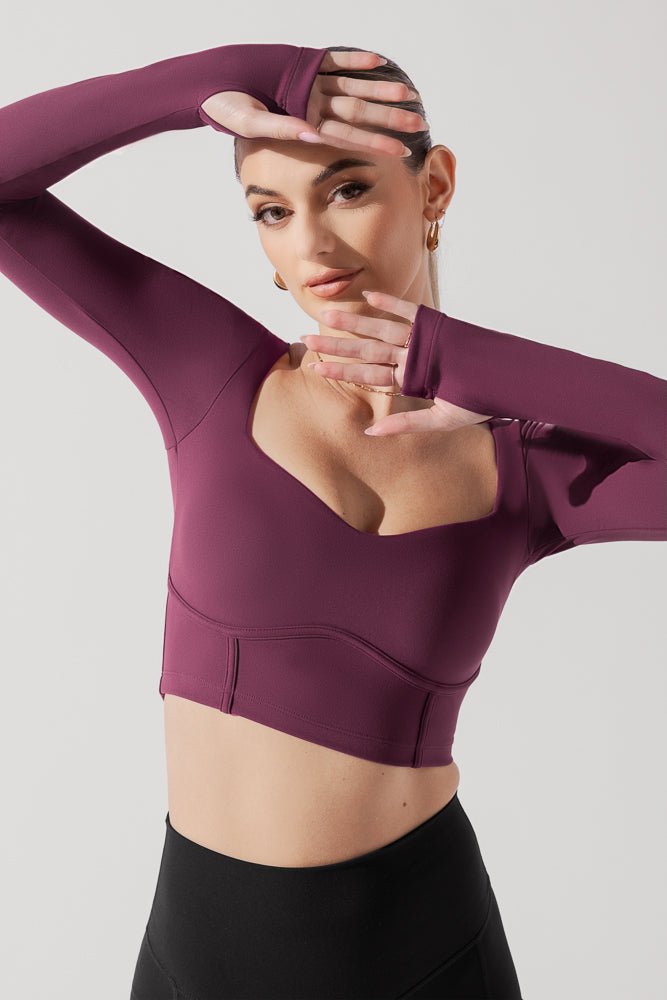 POPFLEX® Sweetheart Long Sleeve Crop Top - Plum