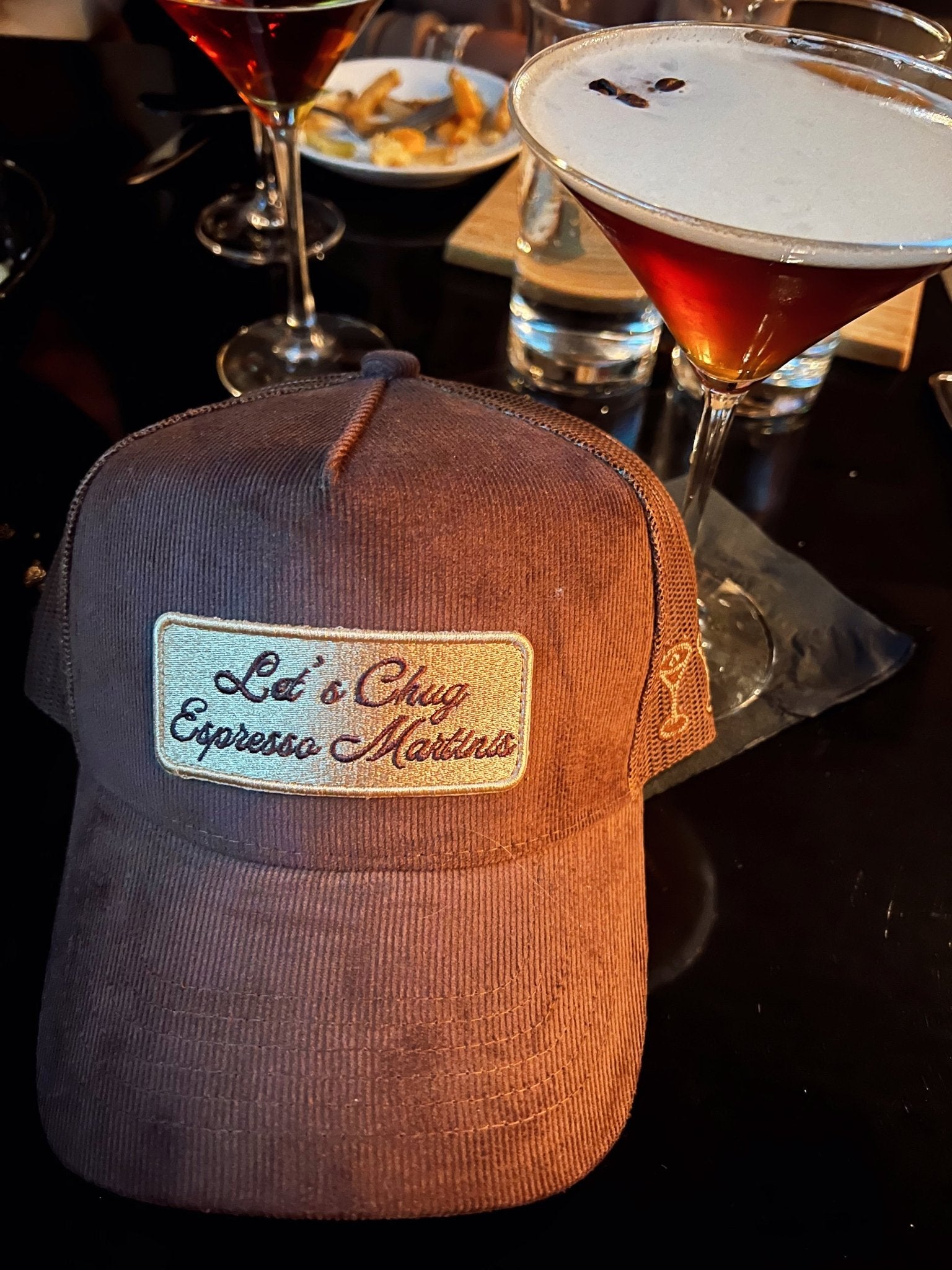 KenzKustomz Let's Chug Espresso Martinis - Brown Corduroy Trucker Hat