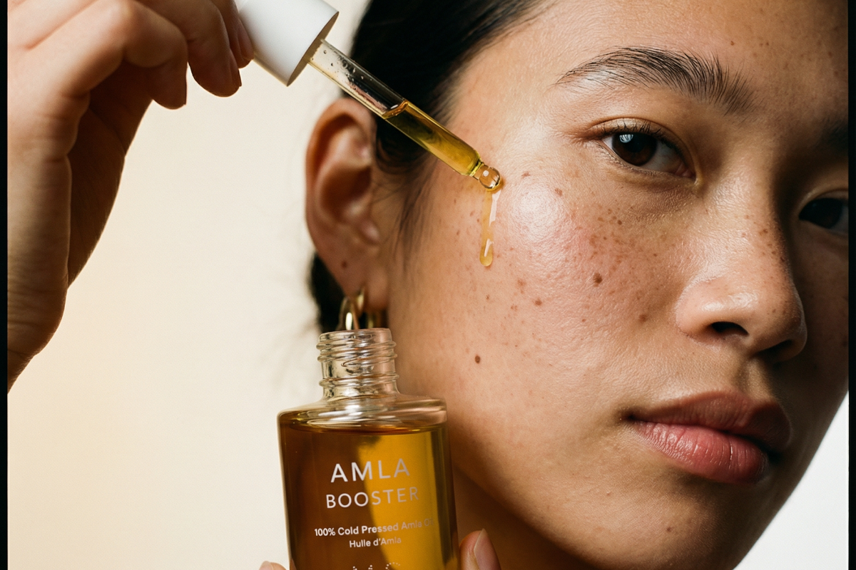 Person applying AMLA Booster serum to their face with a dropper.