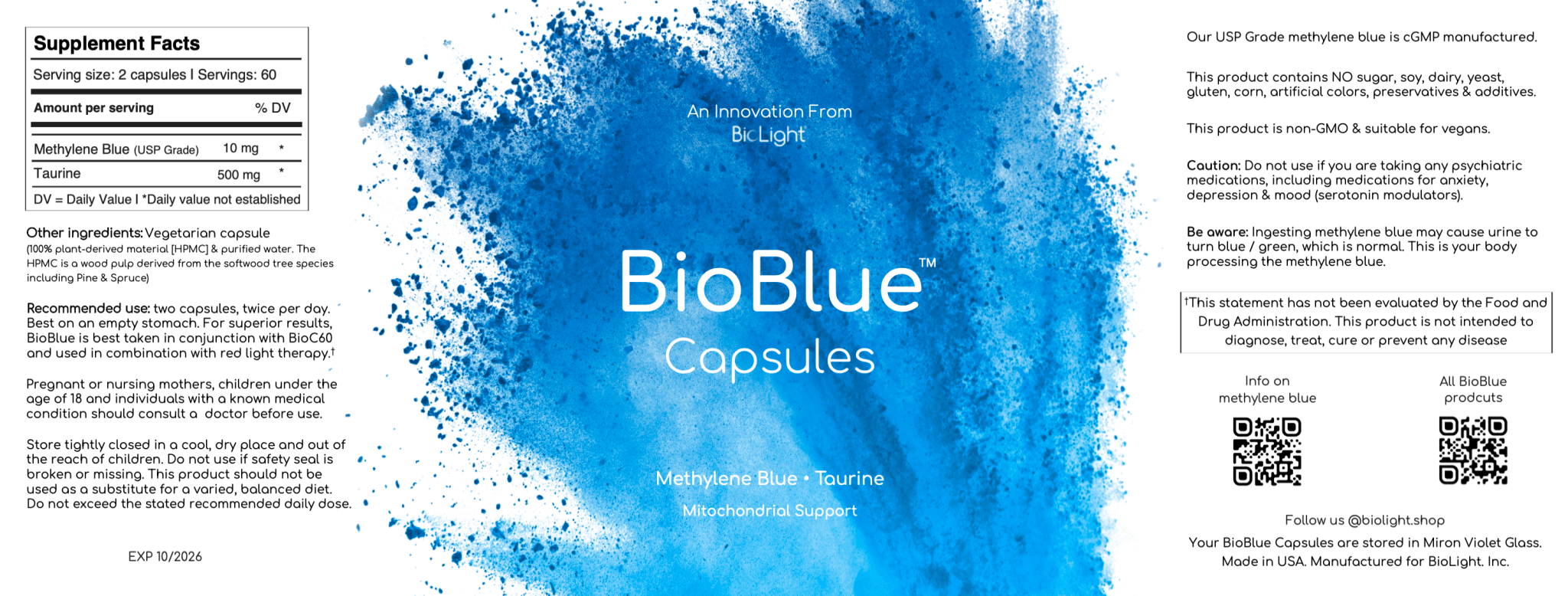 BioLight BioBlue Capsules - Methylene Blue & Taurine Supplement for Brain Health & Mitochondrial Support