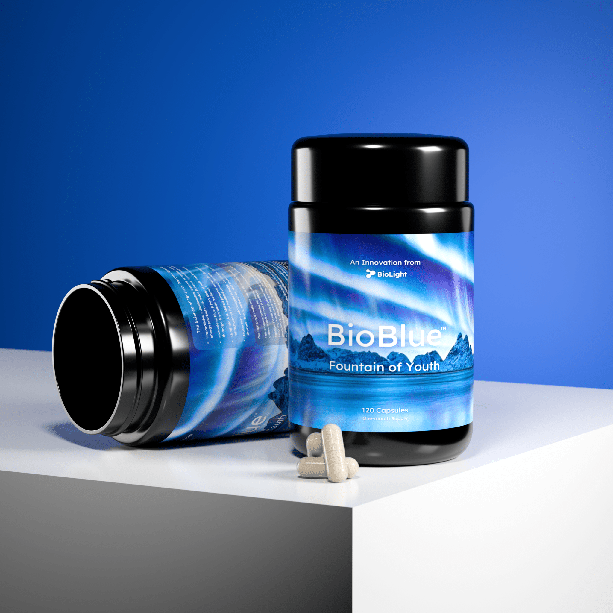 BioLight BioBlue Fountain of Youth Supplement | Mitochondrial Support with Methylene Blue & Mushrooms | Red Light Therapy Enhancer