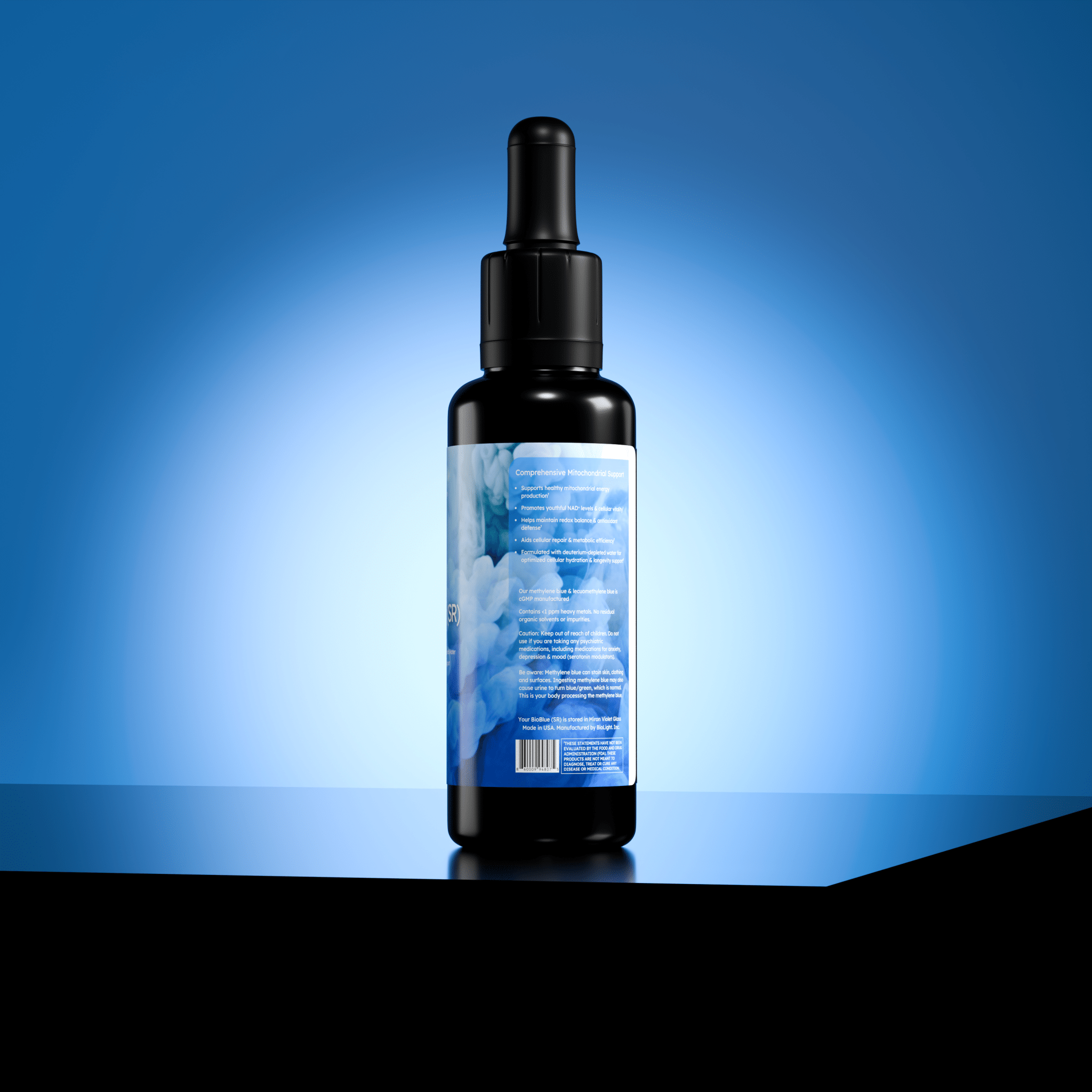 BioLight BioBlue (SR): 50/50 Blend | Sustained Release Mitochondrial Support | Made w/ Litewater Deuterium - Depleted Water | 1% Solution, USP Grade