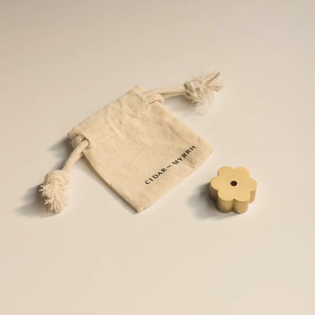 CEDAR AND MYRRH Flower Brass Incense Holder