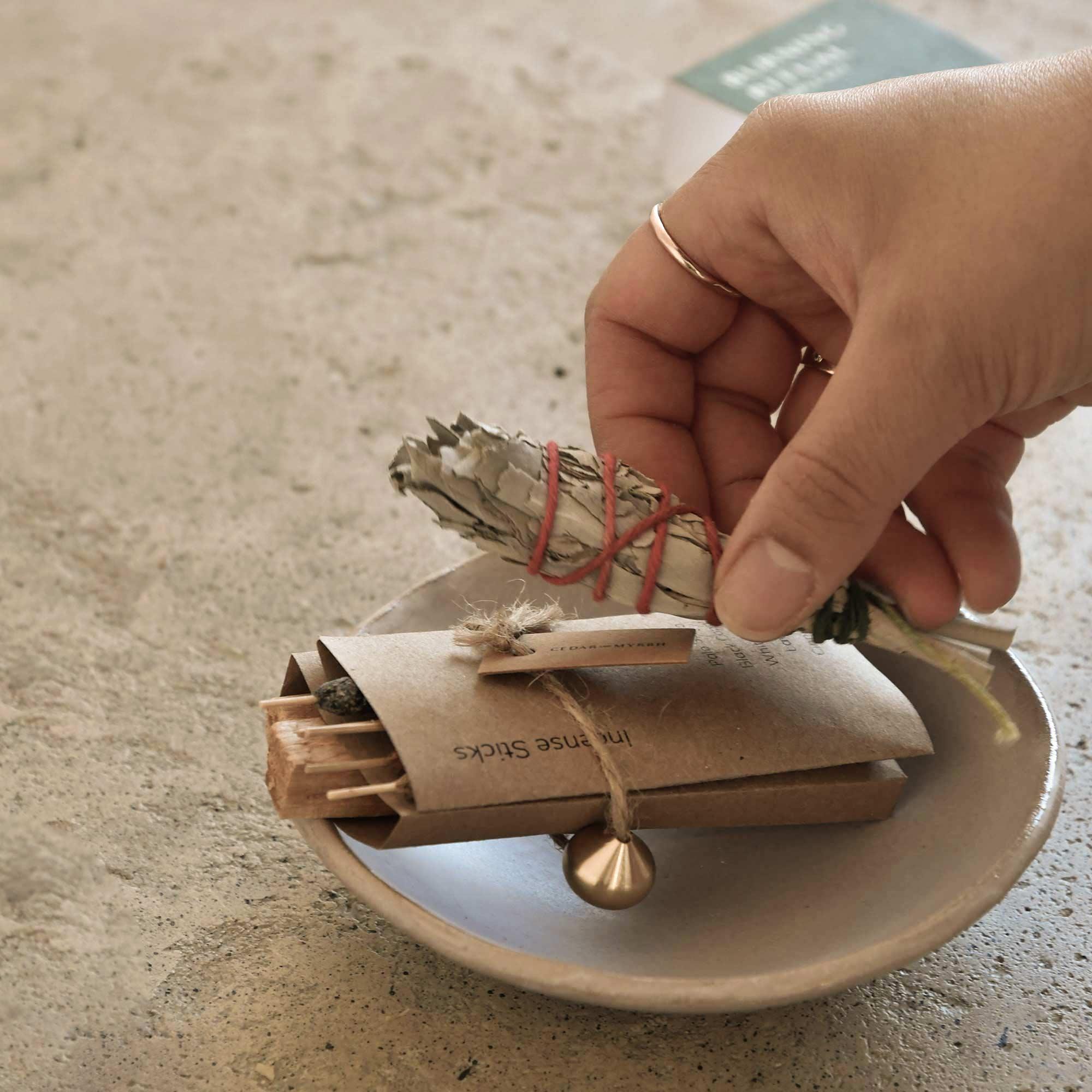 CEDAR AND MYRRH Sacred Burning Ritual Kit - Incense, Palo Santo & Sage