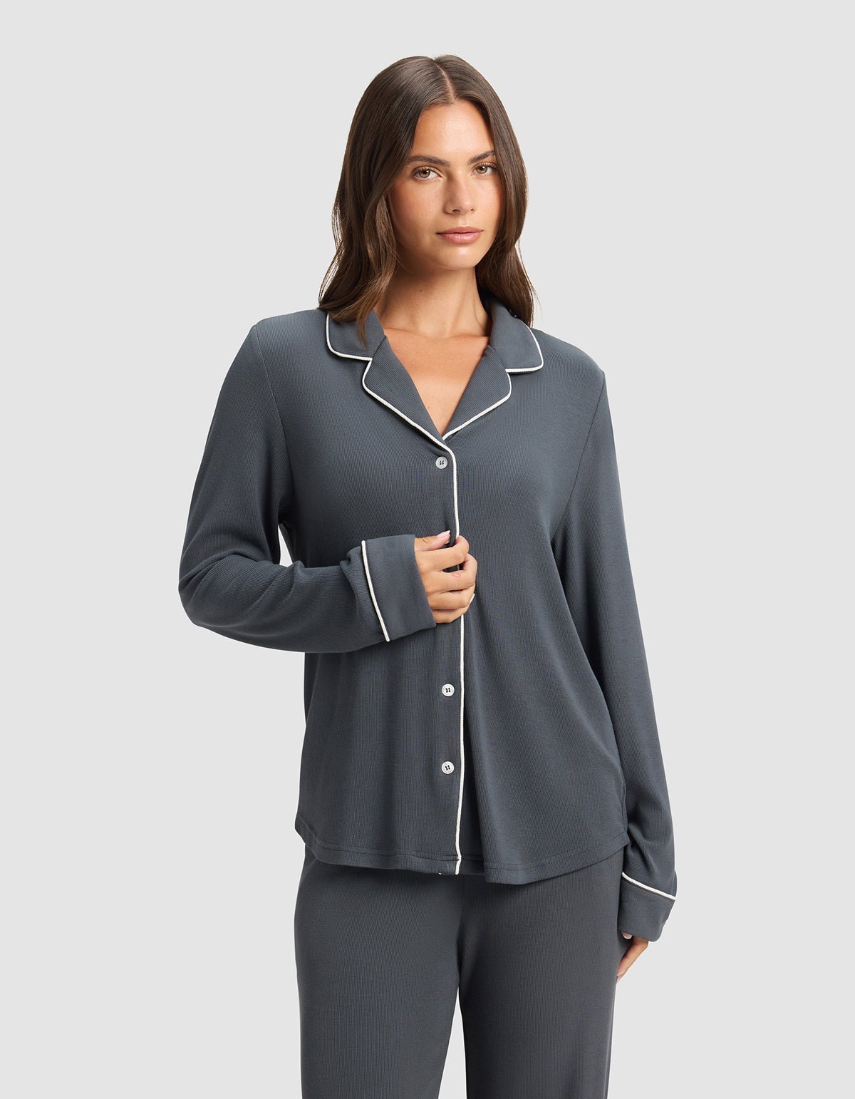 Cozy Earth Women's Bamboo Rib - Knit Classic Long Sleeve Pajama Set