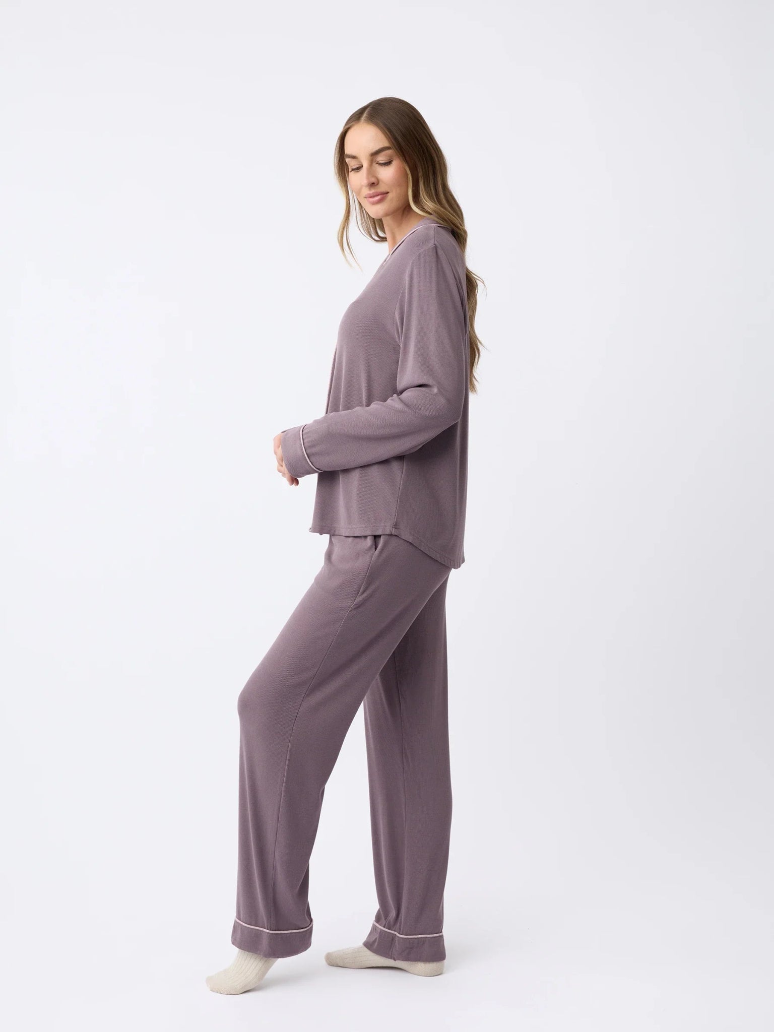 Cozy Earth Women's Bamboo Rib - Knit Classic Long Sleeve Pajama Set