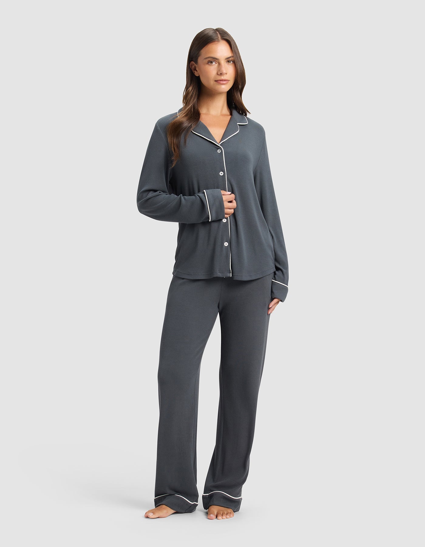 Cozy Earth Women's Bamboo Rib - Knit Classic Long Sleeve Pajama Set