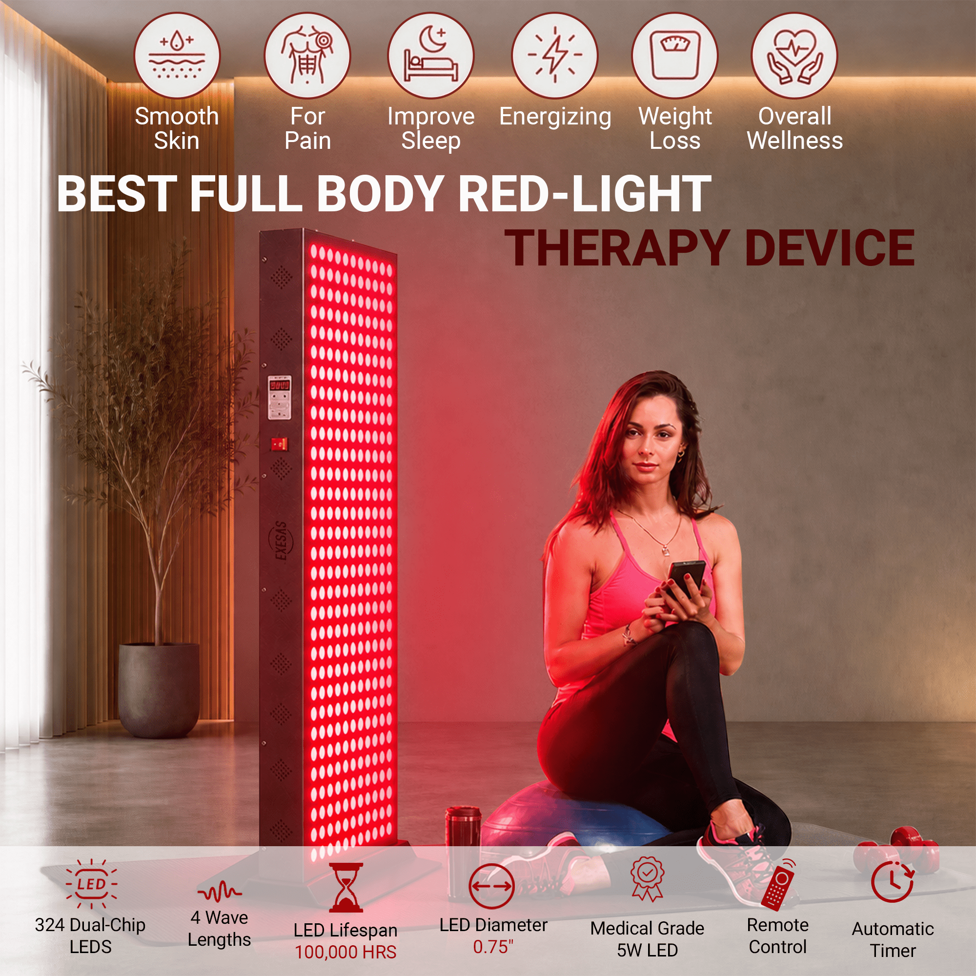 EXESAS EXESAS 324 LED, 1620W Dual - Chip, Red Light Therapy Device for Full Body, 4 - Wavelengths Infrared LED Panel for Skin, Weight, Pain, Wellness