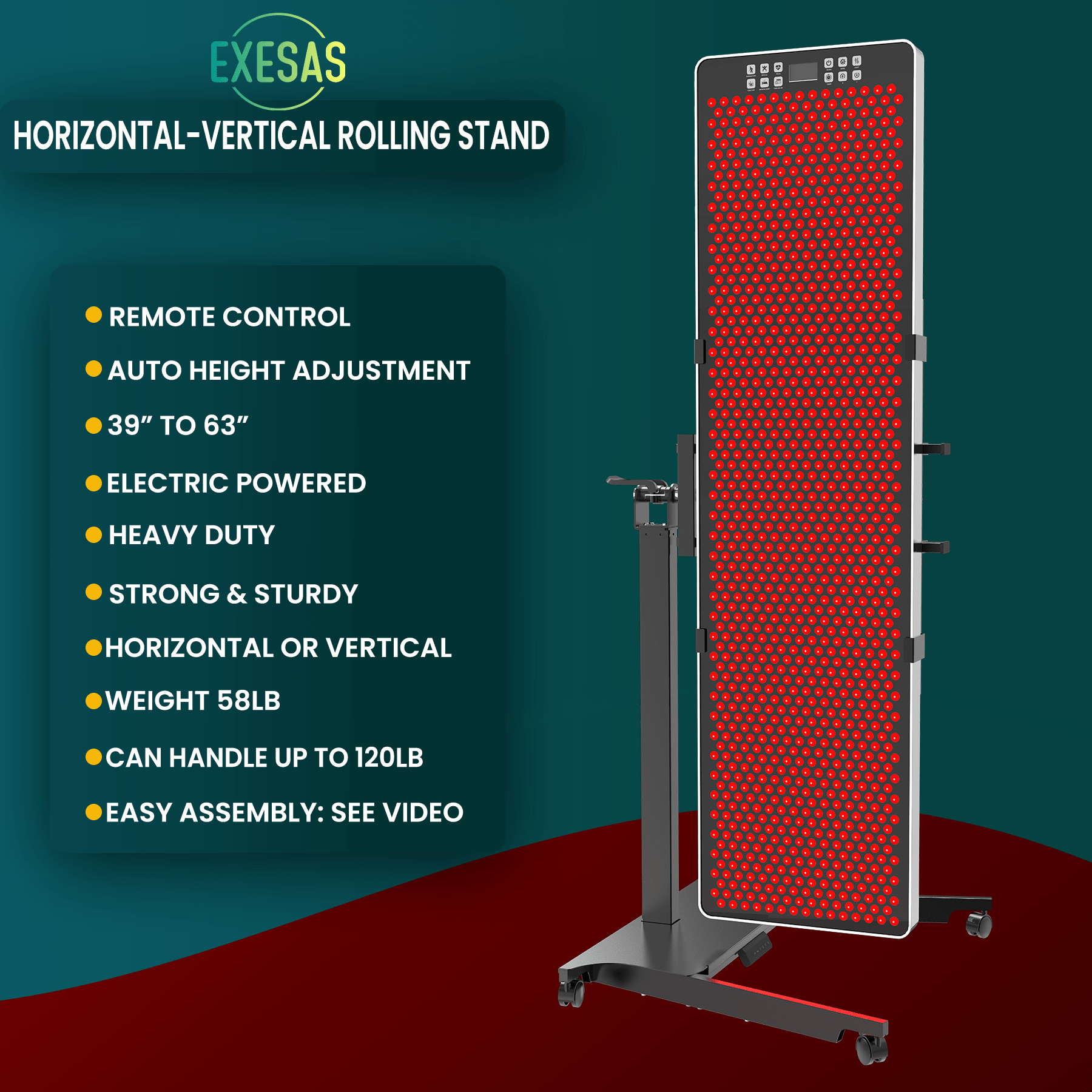 EXESAS Horizontal/Vertical Powered Automatic Rolling Stand for EXESAS Red Light Therapy Panels, Auto Height Adjustment, (Panel Sold Separately)