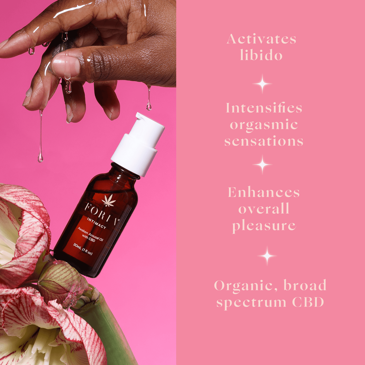 Foria Awaken Arousal Oil with CBD with a flower, with product benefits listed
