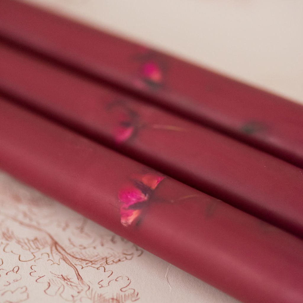 Galley & Fen Floral Inlaid Tapered Candle in Burgundy - Set of 3