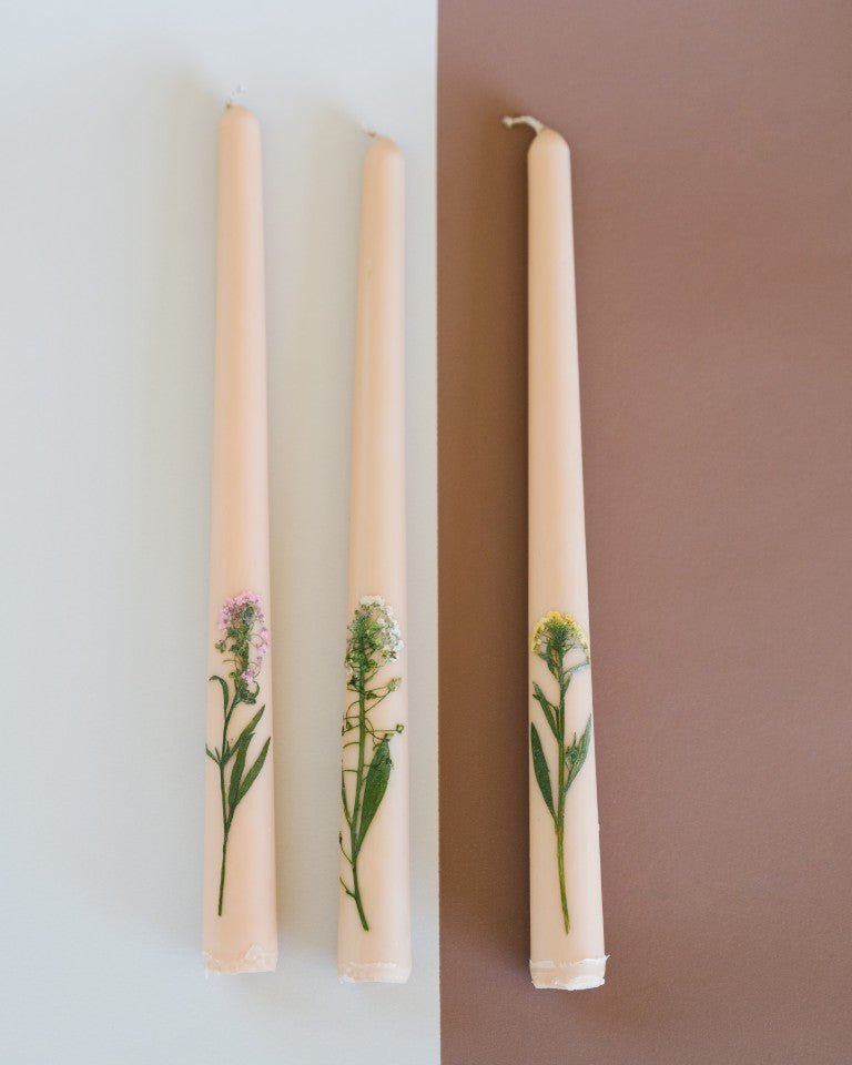 Galley & Fen Floral Inlaid Tapered Candle in Cream - Set of 3