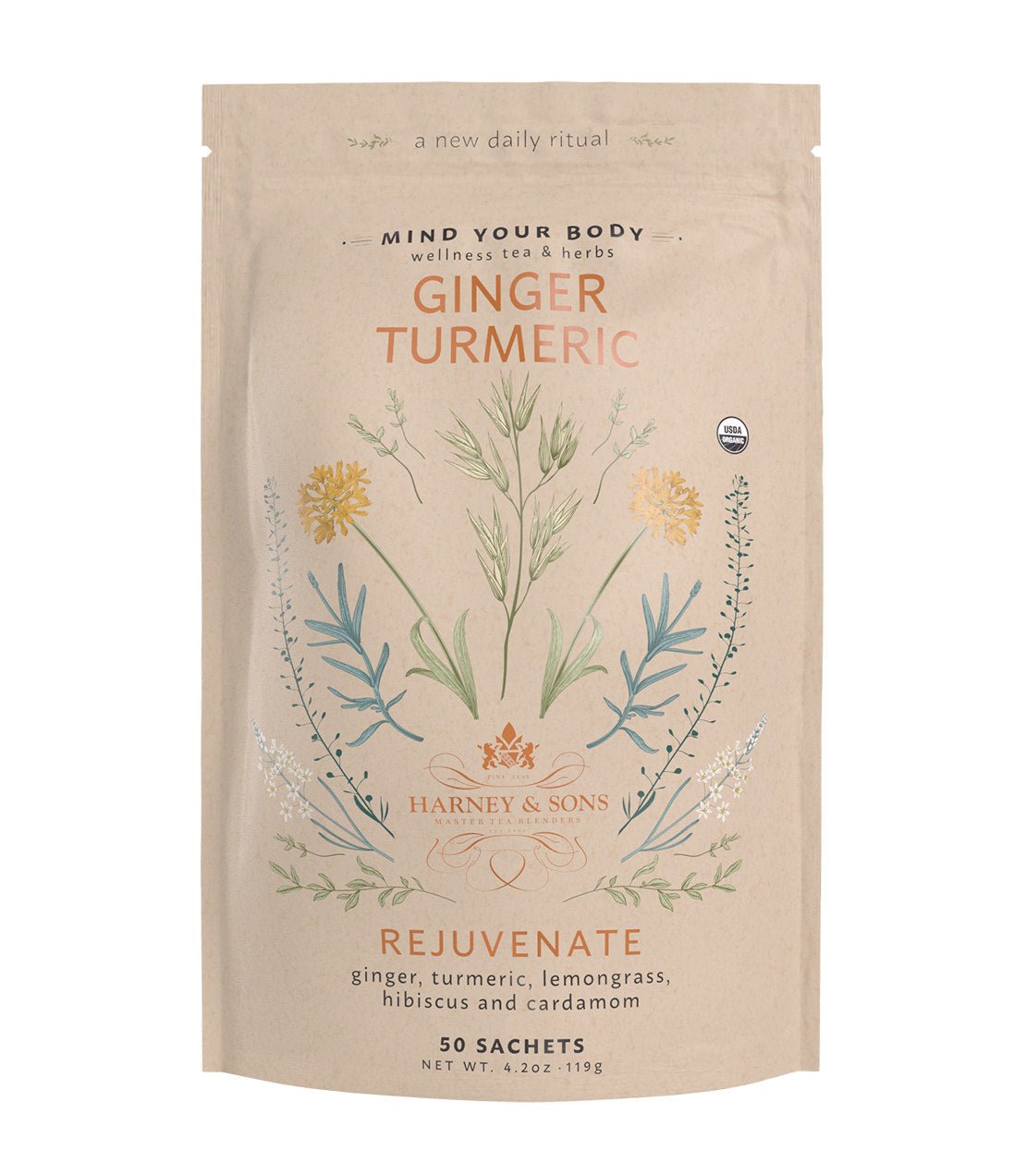 Harney & Sons Fine Teas Organic Ginger Turmeric, Bag of 50 Sachets