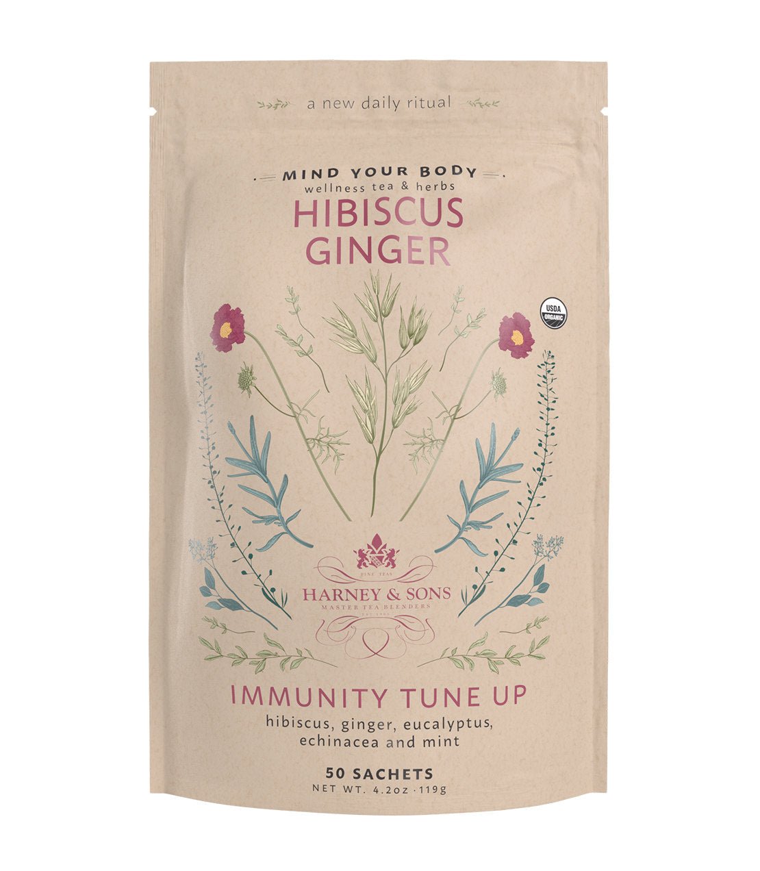 Harney & Sons Fine Teas Organic Hibiscus Ginger, Bag of 50 Sachets