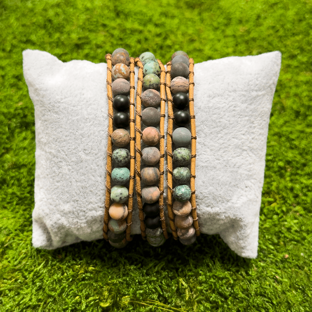 HealthyLine African Turquoise + Red Turquoise + Zinc Alloy + Onyx Bracelet. Light Brown Cow Leather Rope