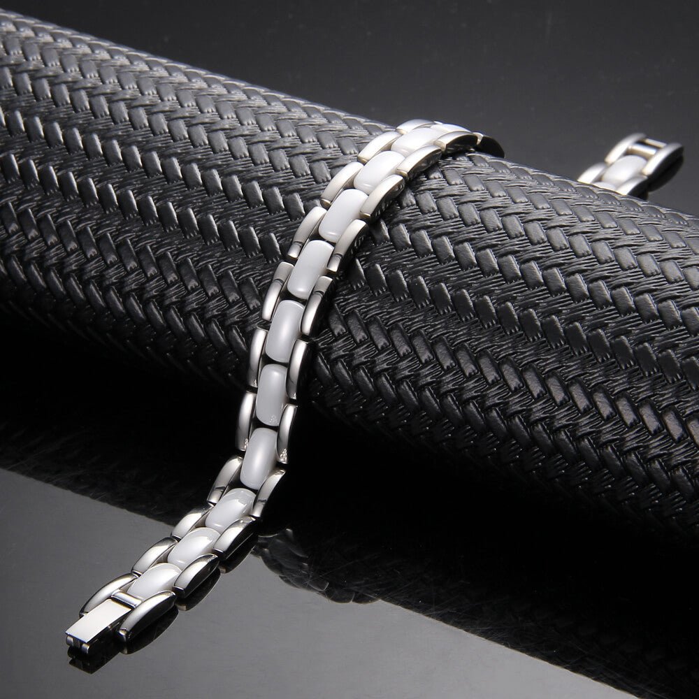 HealthyLine Ceramic and Stainless Steel Energy Bracelet 4 - in - 1. White & Silver Color. Model CEB042