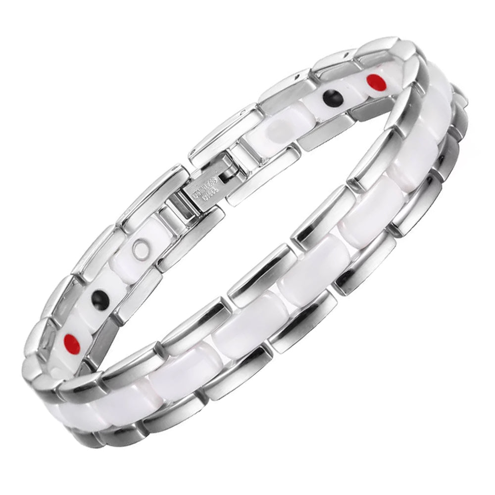 HealthyLine Ceramic and Stainless Steel Energy Bracelet 4 - in - 1. White & Silver Color. Model CEB042