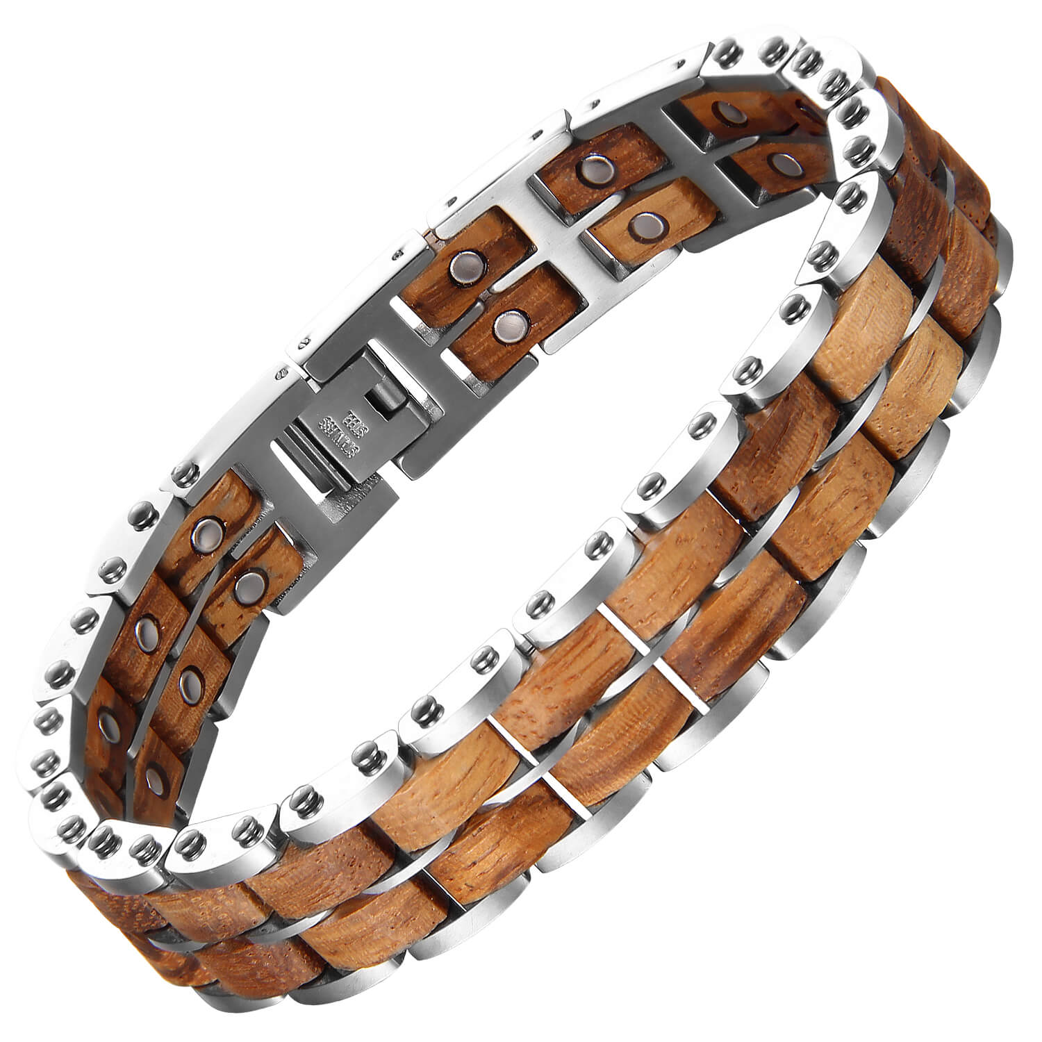 HealthyLine Wood and Stainless Steel Magnetic Bracelet. 3 Colors available. Model WB011