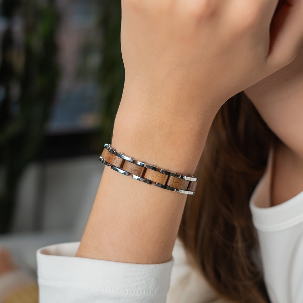 HealthyLine Wood and Stainless Steel Magnetic Bracelet. Silver Color available. Model WB008