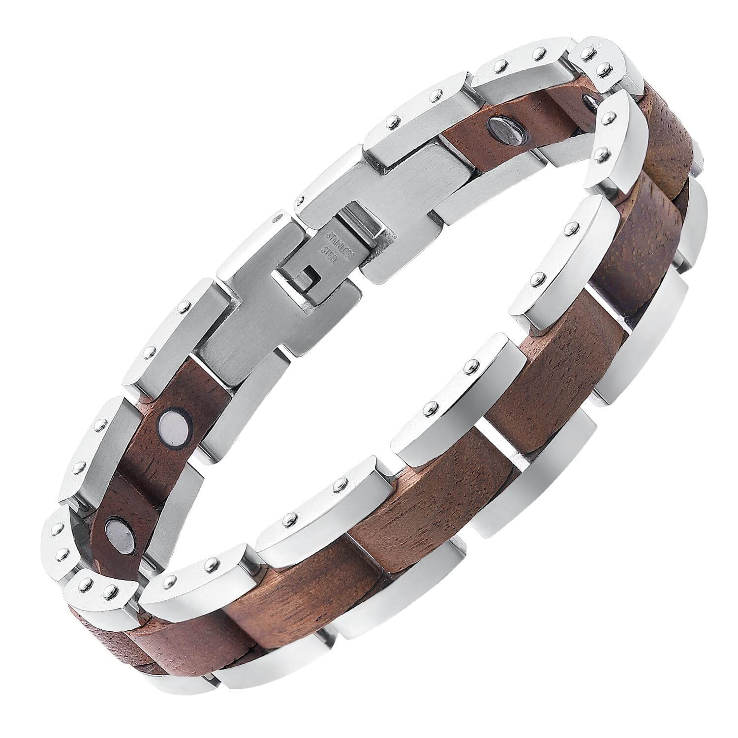 HealthyLine Wood and Stainless Steel Magnetic Bracelet. Silver Color available. Model WB008