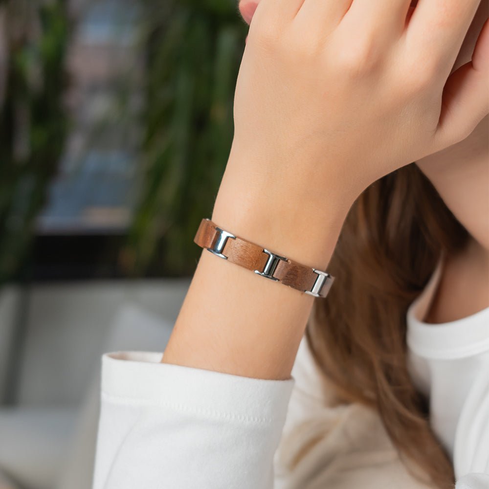 HealthyLine Wood and Stainless Steel Unisex Magnetic Bracelet. Brown & Silver Color. Model WB013